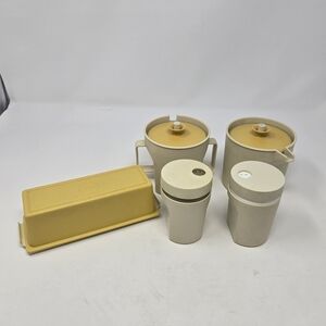 VINTAGE 1970S TUPPERWARE CREAM & SUGAR BUTTER SALT & PEPPER BEIGE HARVEST GOLD